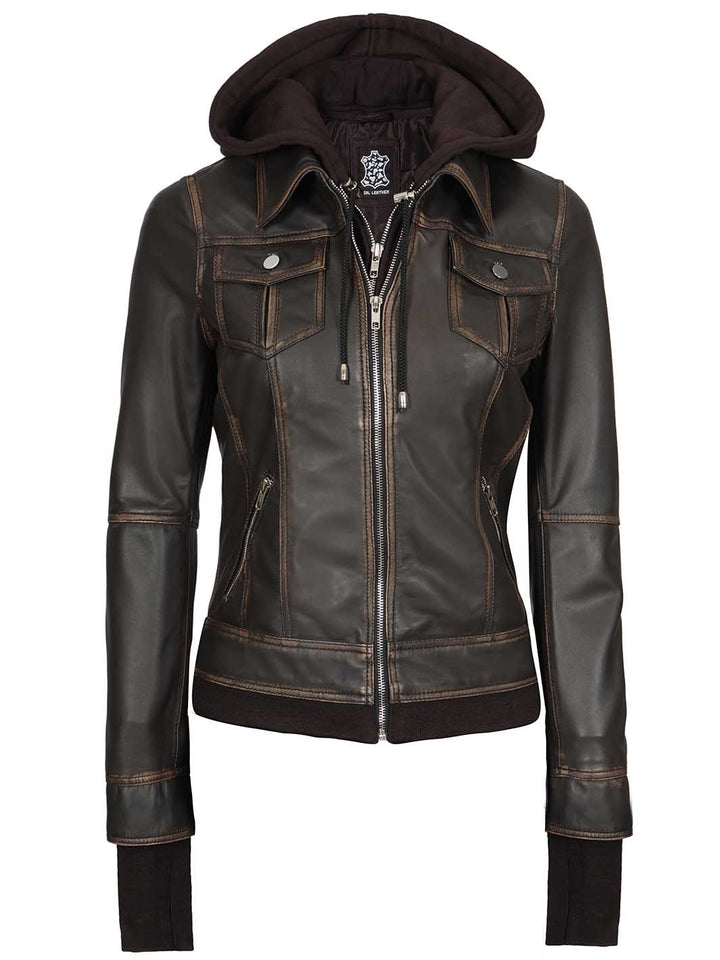 Tralee Women Dark Brown Bomber Leather Jacket With Removable Hood - Rare Leather