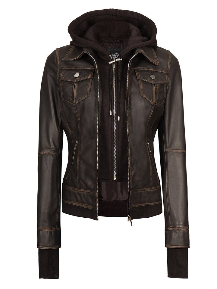 Tralee Women Dark Brown Bomber Leather Jacket With Removable Hood - Rare Leather