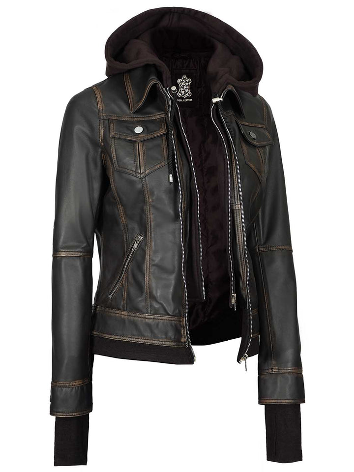 Tralee Women Dark Brown Bomber Leather Jacket With Removable Hood - Rare Leather