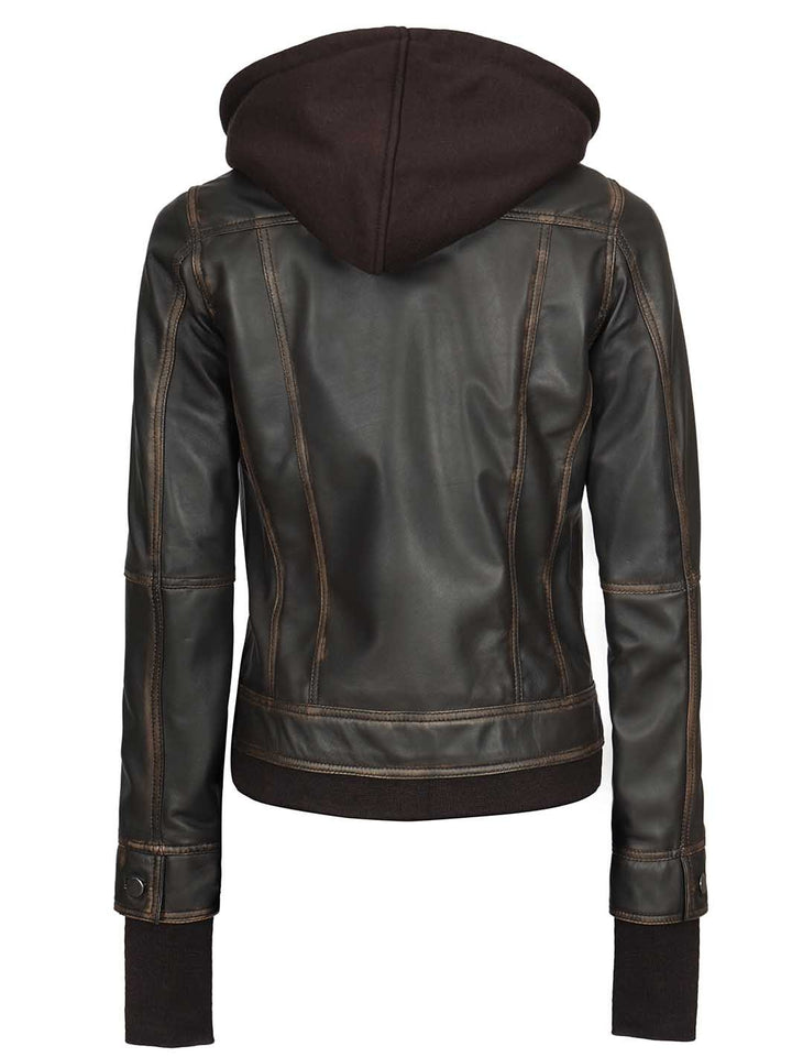 Tralee Women Dark Brown Bomber Leather Jacket With Removable Hood - Rare Leather