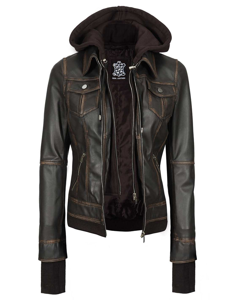 Tralee Women Dark Brown Bomber Leather Jacket With Removable Hood - Rare Leather