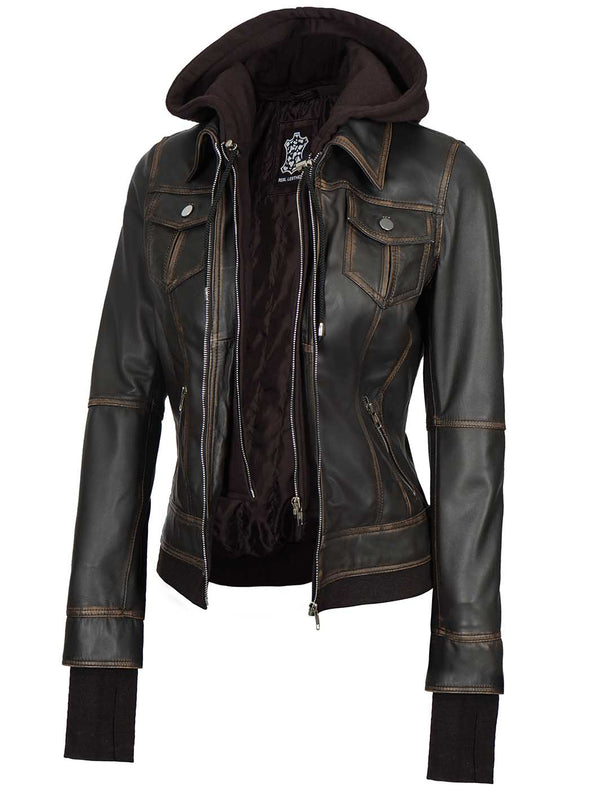 Tralee Women Dark Brown Bomber Leather Jacket With Removable Hood - Rare Leather