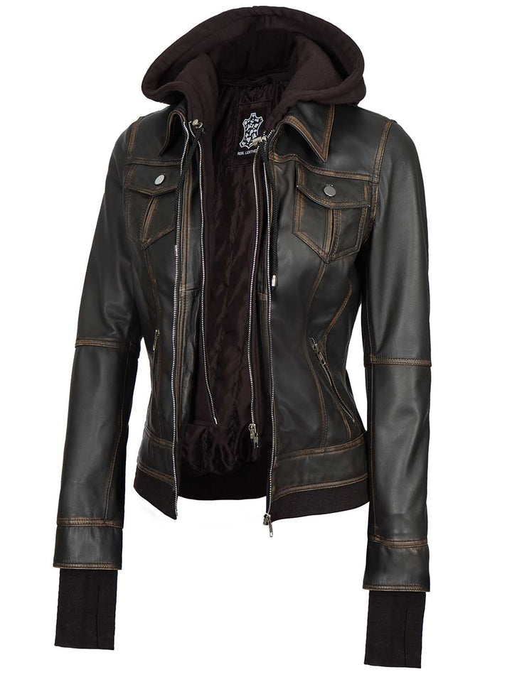 Tralee Women Dark Brown Bomber Leather Jacket With Removable Hood - Rare Leather