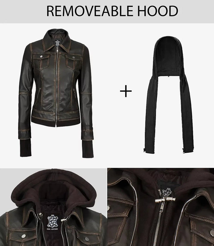 Tralee Women Dark Brown Bomber Leather Jacket With Removable Hood - Rare Leather