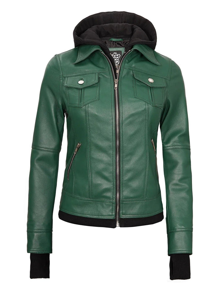 Tralee Women's Green Real Leather Jacket with Hood - Rare Leather