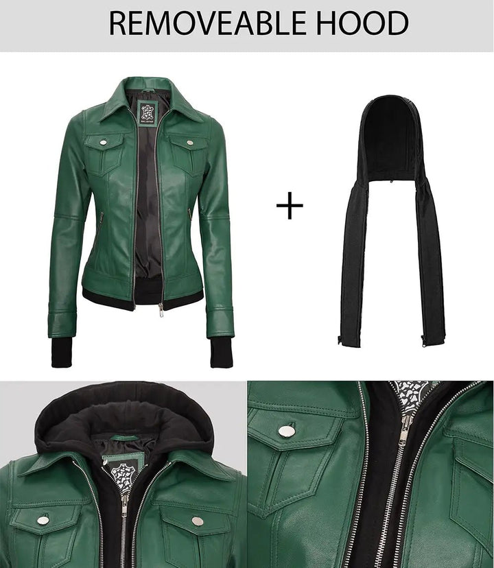 Tralee Women's Green Real Leather Jacket with Hood - Rare Leather