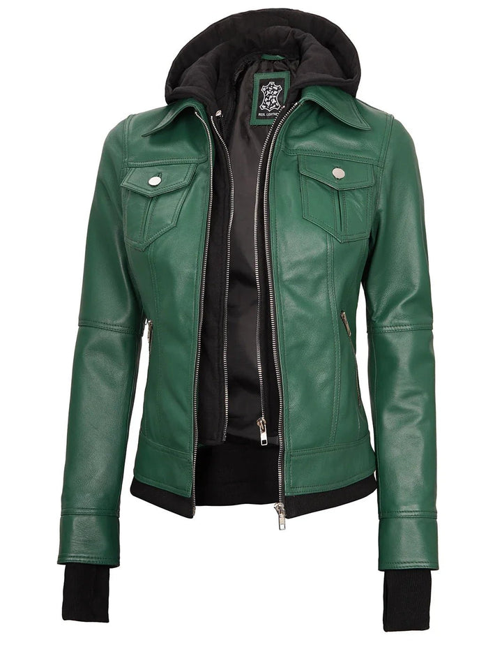 Tralee Women's Green Real Leather Jacket with Hood - Rare Leather
