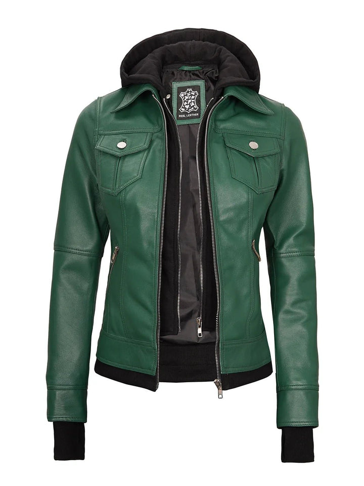 Tralee Women's Green Real Leather Jacket with Hood - Rare Leather