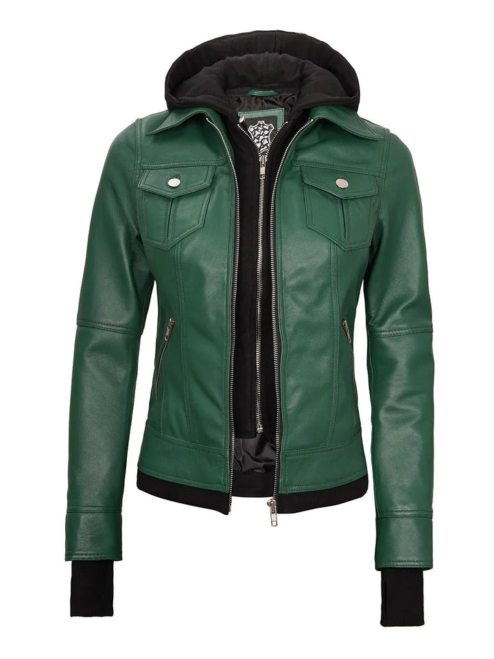 Tralee Women's Green Real Leather Jacket with Hood - Rare Leather