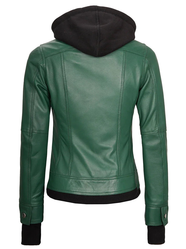 Tralee Women's Green Real Leather Jacket with Hood - Rare Leather