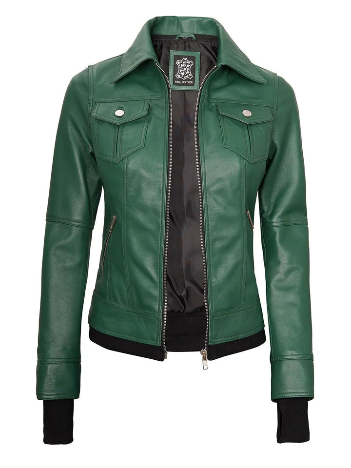 Tralee Women's Green Real Leather Jacket with Hood - Rare Leather