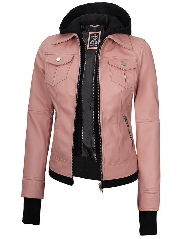 Tralee Women's Pink Leather Motorcycle Jacket with Hood - Rare Leather