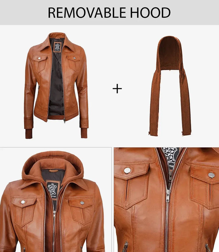 Tralee Womens Tan Wax Bomber Leather Jacket With Removable Hood - Rare Leather