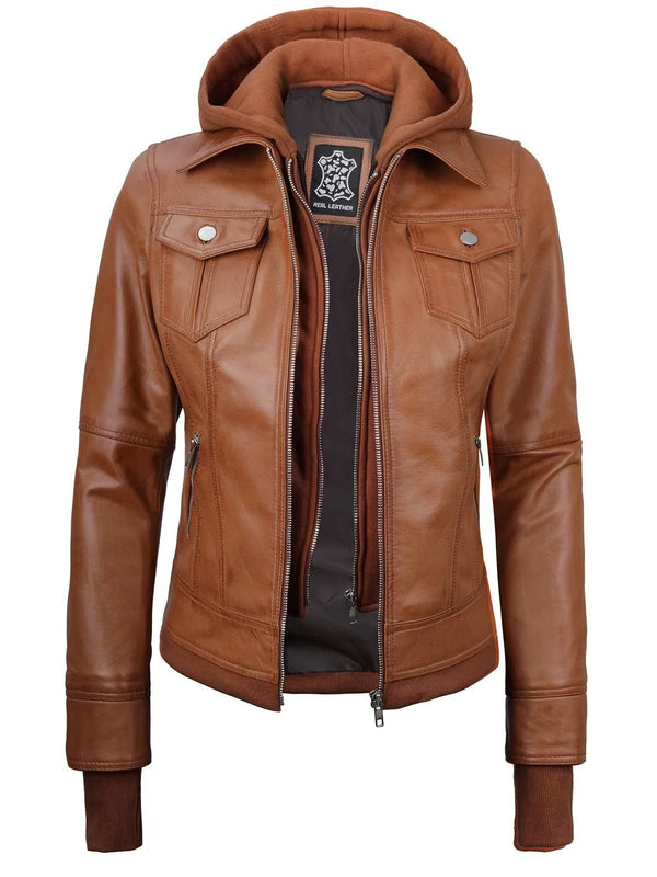 Tralee Womens Tan Wax Bomber Leather Jacket With Removable Hood - Rare Leather
