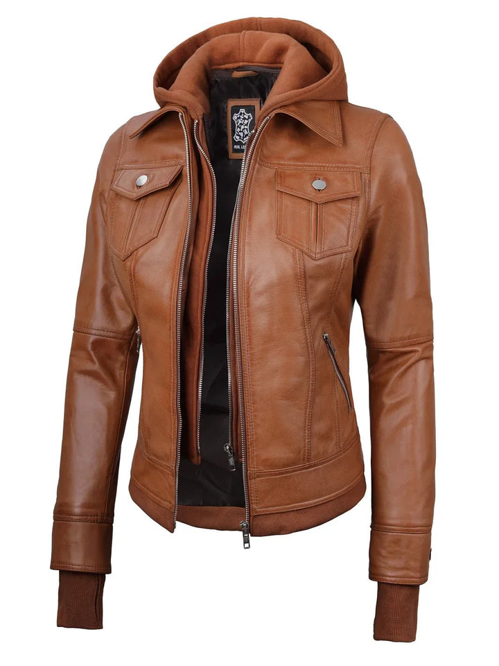 Tralee Womens Tan Wax Bomber Leather Jacket With Removable Hood - Rare Leather