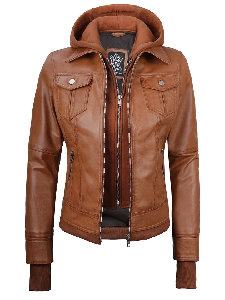 Tralee Womens Tan Wax Bomber Leather Jacket With Removable Hood - Rare Leather