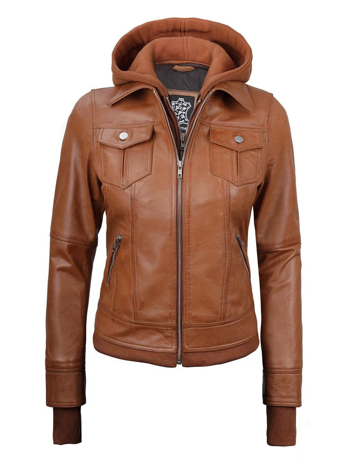 Tralee Womens Tan Wax Bomber Leather Jacket With Removable Hood - Rare Leather