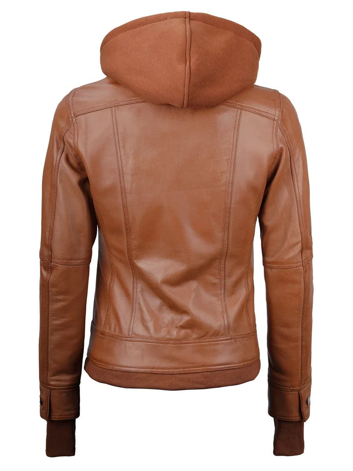Tralee Womens Tan Wax Bomber Leather Jacket With Removable Hood - Rare Leather
