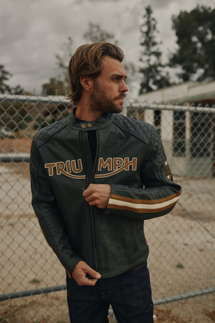 Triumph Braddan Gold Retro Air Race Black Leather Jacket - Rare Leather Order Now !!