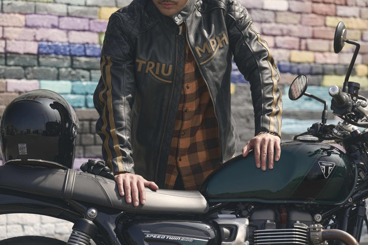 Triumph Braddan Gold Retro Air Race Black Leather Jacket - Rare Leather Order Now !!