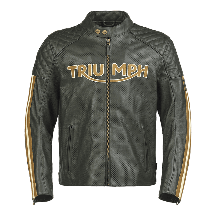 Triumph Braddan Gold Retro Air Race Black Leather Jacket - Rare Leather Order Now !!