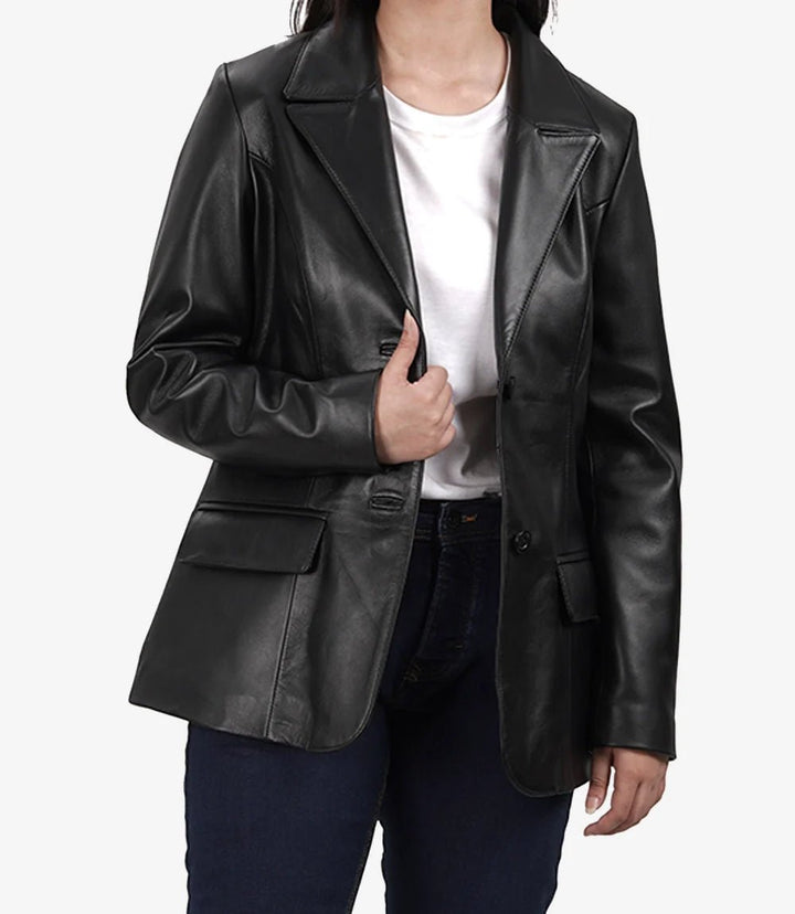 Vicenza Women's Black Two - Button Leather Blazer - Rare Leather