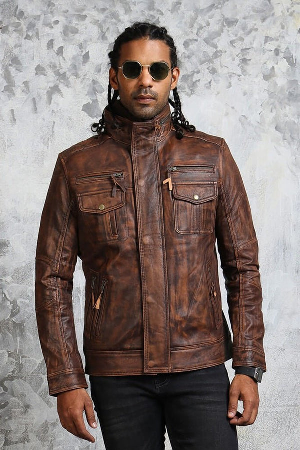 Vintage Biker Brown Leather Jacket with Detachable Fleece - Rare Leather