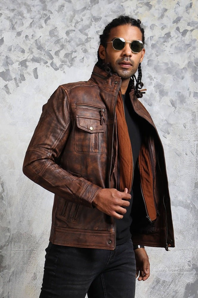Vintage Biker Brown Leather Jacket with Detachable Fleece - Rare Leather