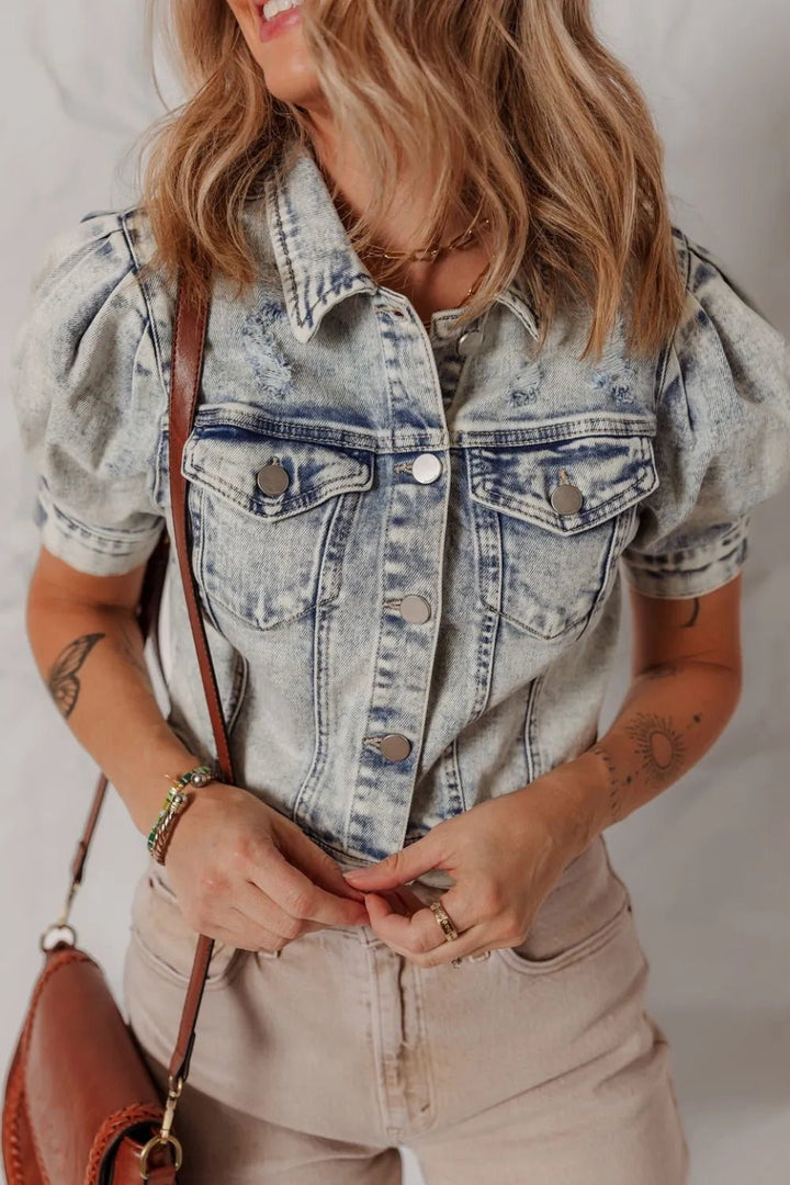 Wash Buttoned Chest Pocket Puff Sleeve Denim Jacket - Rare Leather