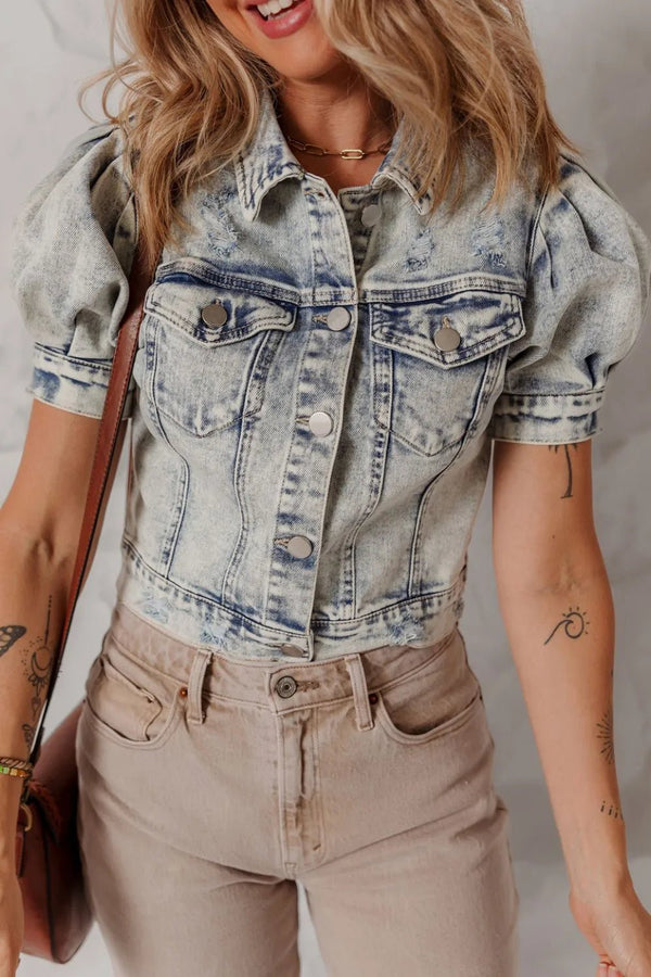 Wash Buttoned Chest Pocket Puff Sleeve Denim Jacket - Rare Leather