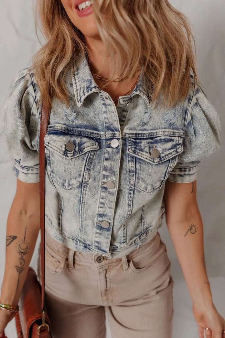 Wash Buttoned Chest Pocket Puff Sleeve Denim Jacket - Rare Leather