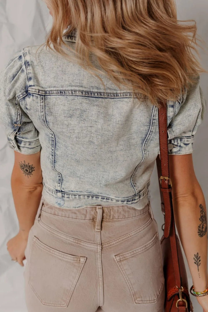 Wash Buttoned Chest Pocket Puff Sleeve Denim Jacket - Rare Leather