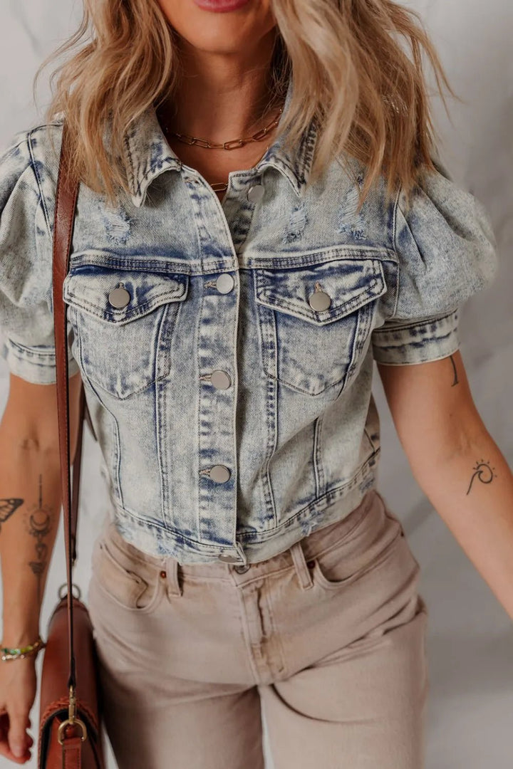 Wash Buttoned Chest Pocket Puff Sleeve Denim Jacket - Rare Leather