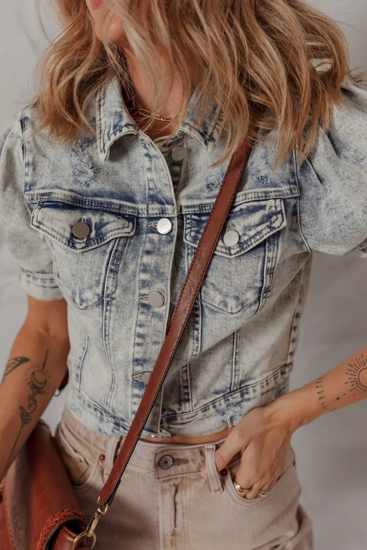 Wash Buttoned Chest Pocket Puff Sleeve Denim Jacket - Rare Leather