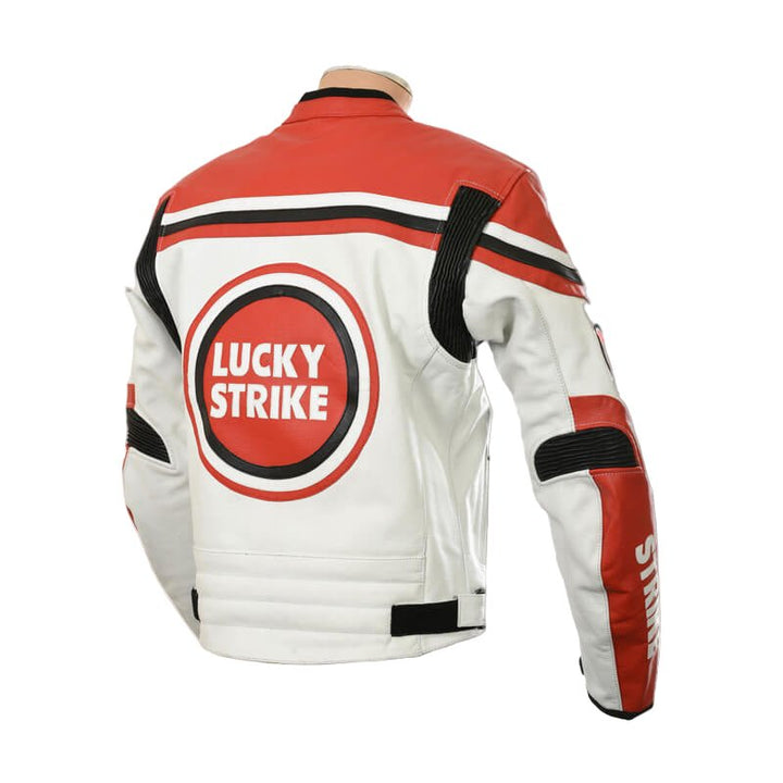 White & Red Lucky Strike Leather Biker Jacket - Rare Leather Order Now !!