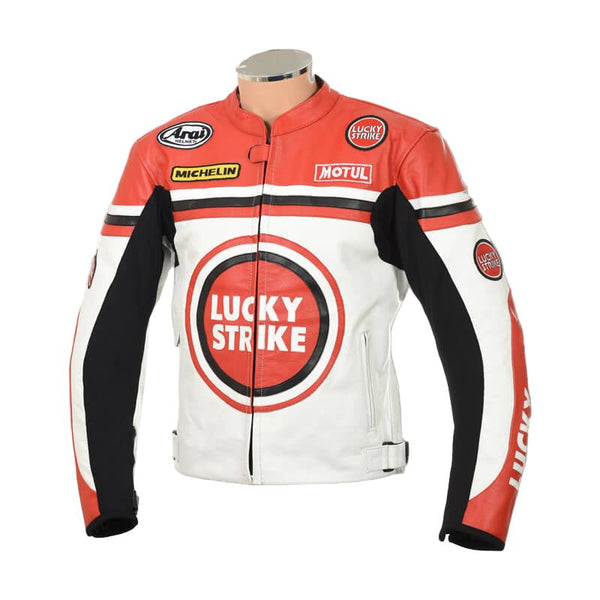 White & Red Lucky Strike Leather Biker Jacket - Rare Leather Order Now !!