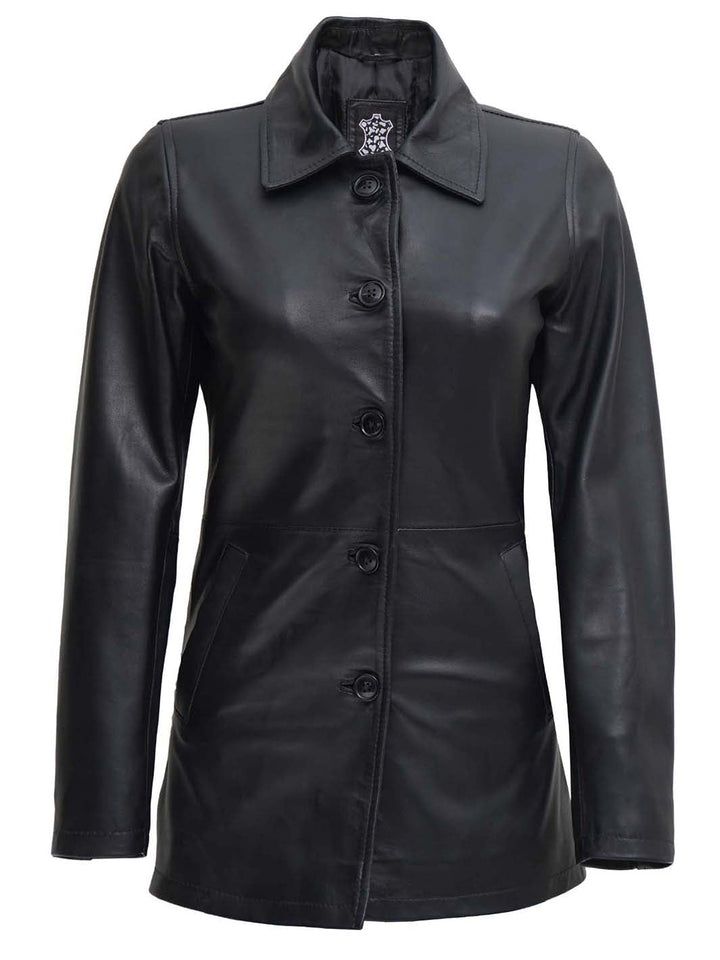 Winchester Womens Black Leather 3 4 Length Car Coat - Rare Leather