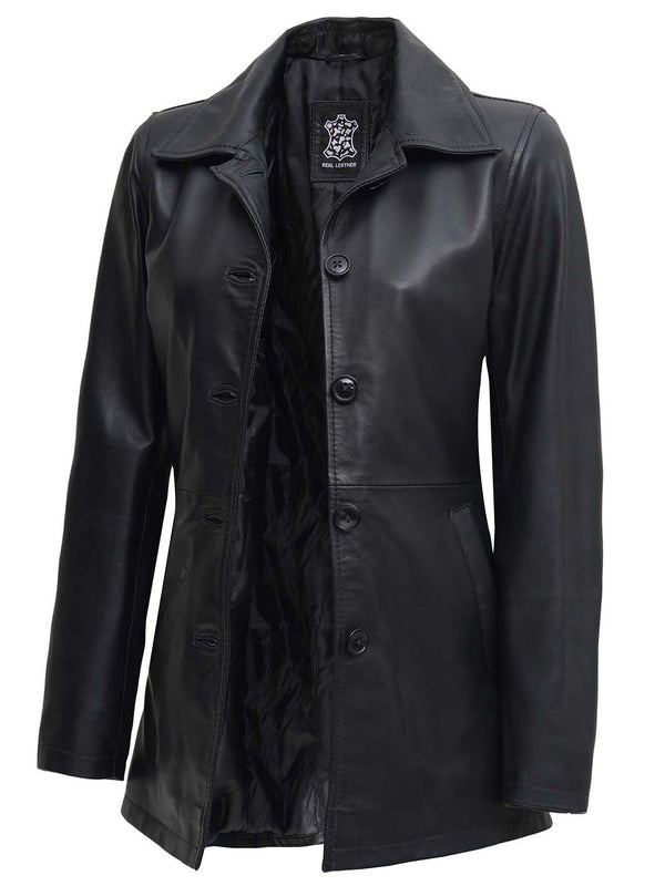 Winchester Womens Black Leather 3 4 Length Car Coat - Rare Leather