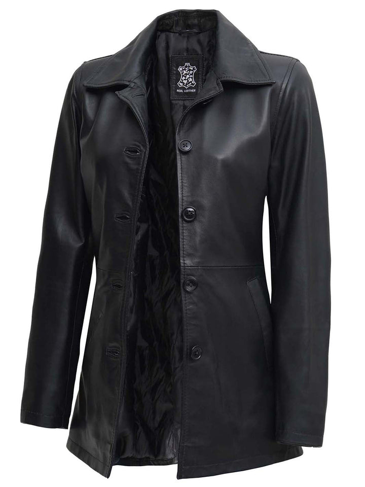 Winchester Womens Black Leather 3 4 Length Car Coat - Rare Leather