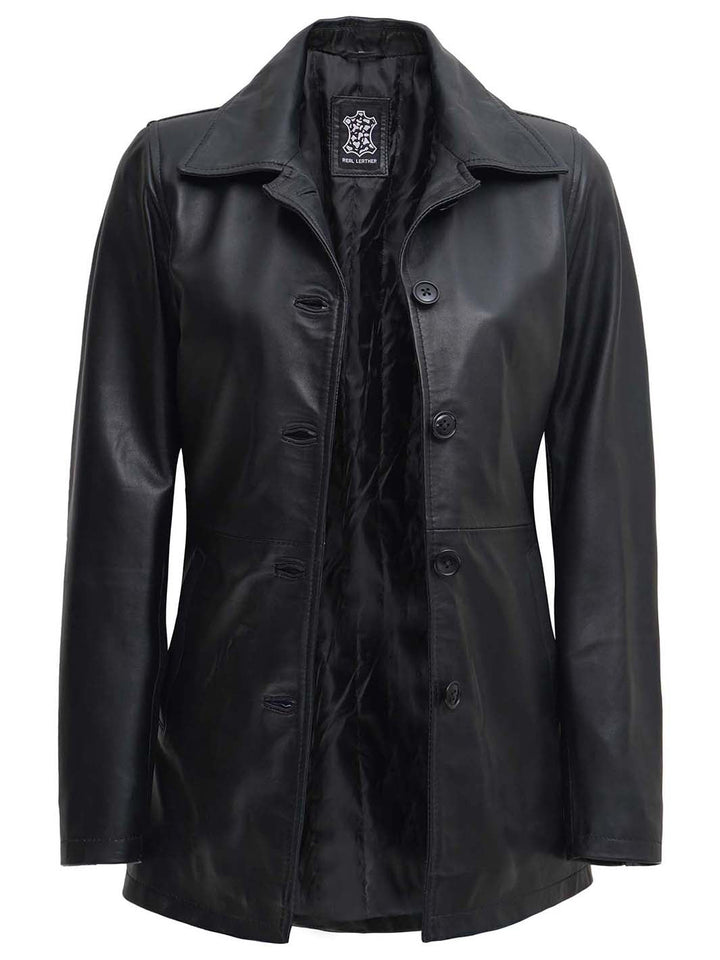 Winchester Womens Black Leather 3 4 Length Car Coat - Rare Leather