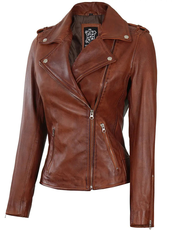 Women Asymmetrical Cognac Brown Motorcycle Leather Jacket - Rare Leather