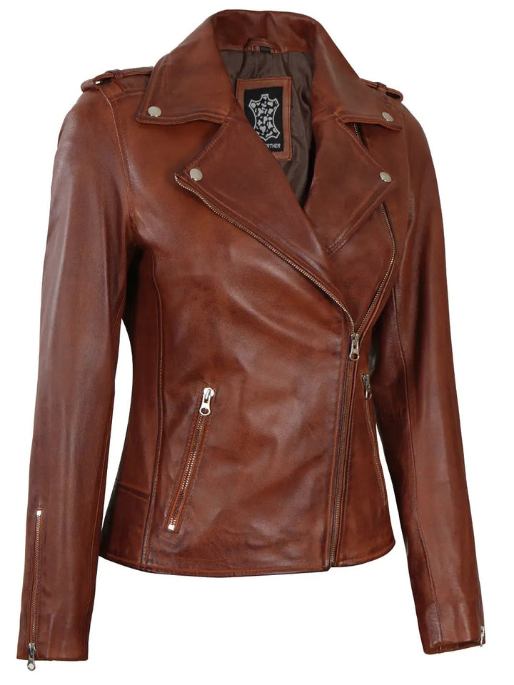 Women Asymmetrical Cognac Brown Motorcycle Leather Jacket - Rare Leather