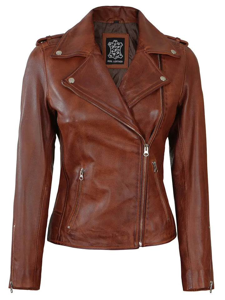 Women Asymmetrical Cognac Brown Motorcycle Leather Jacket - Rare Leather