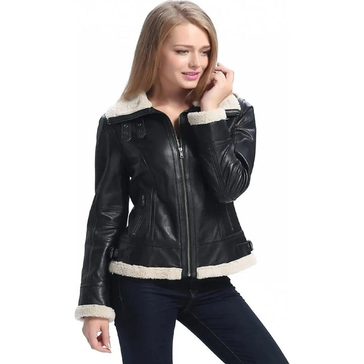 Women B3 Bomber Black Sheepskin Shearling Leather Jacket - Rare Leather