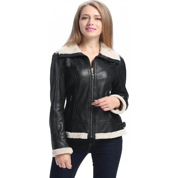 Women B3 Bomber Black Sheepskin Shearling Leather Jacket - Rare Leather