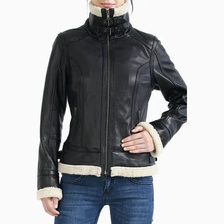 Women B3 Bomber Black Sheepskin Shearling Leather Jacket - Rare Leather