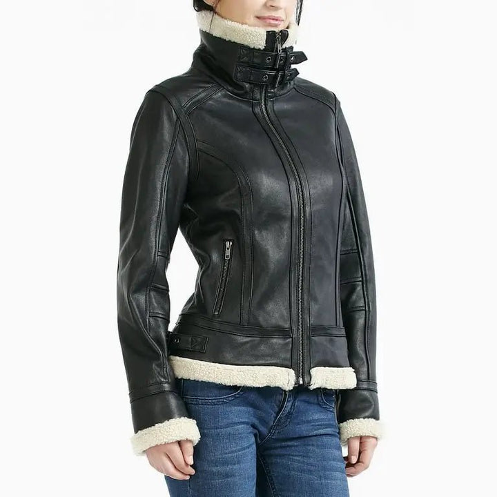Women B3 Bomber Black Sheepskin Shearling Leather Jacket - Rare Leather
