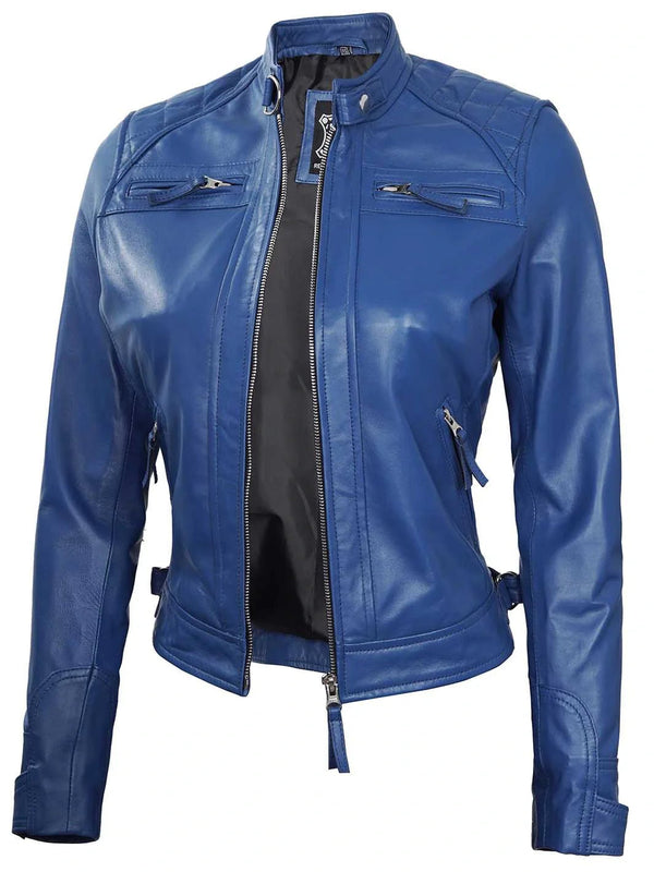Women Blue Diamond Cafe Racer Real Leather Jacket - Rare Leather