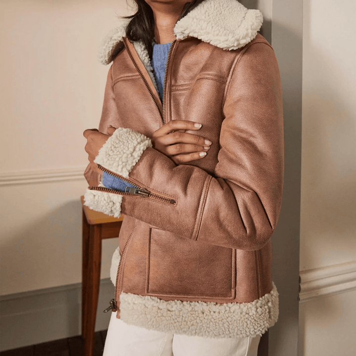 Women Brown Sheepskin Shearling Leather Aviator Jacket - Rare Leather