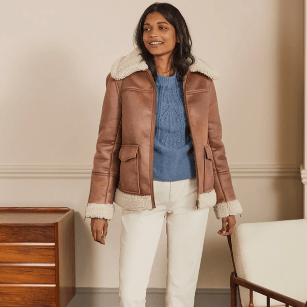 Women Brown Sheepskin Shearling Leather Aviator Jacket - Rare Leather